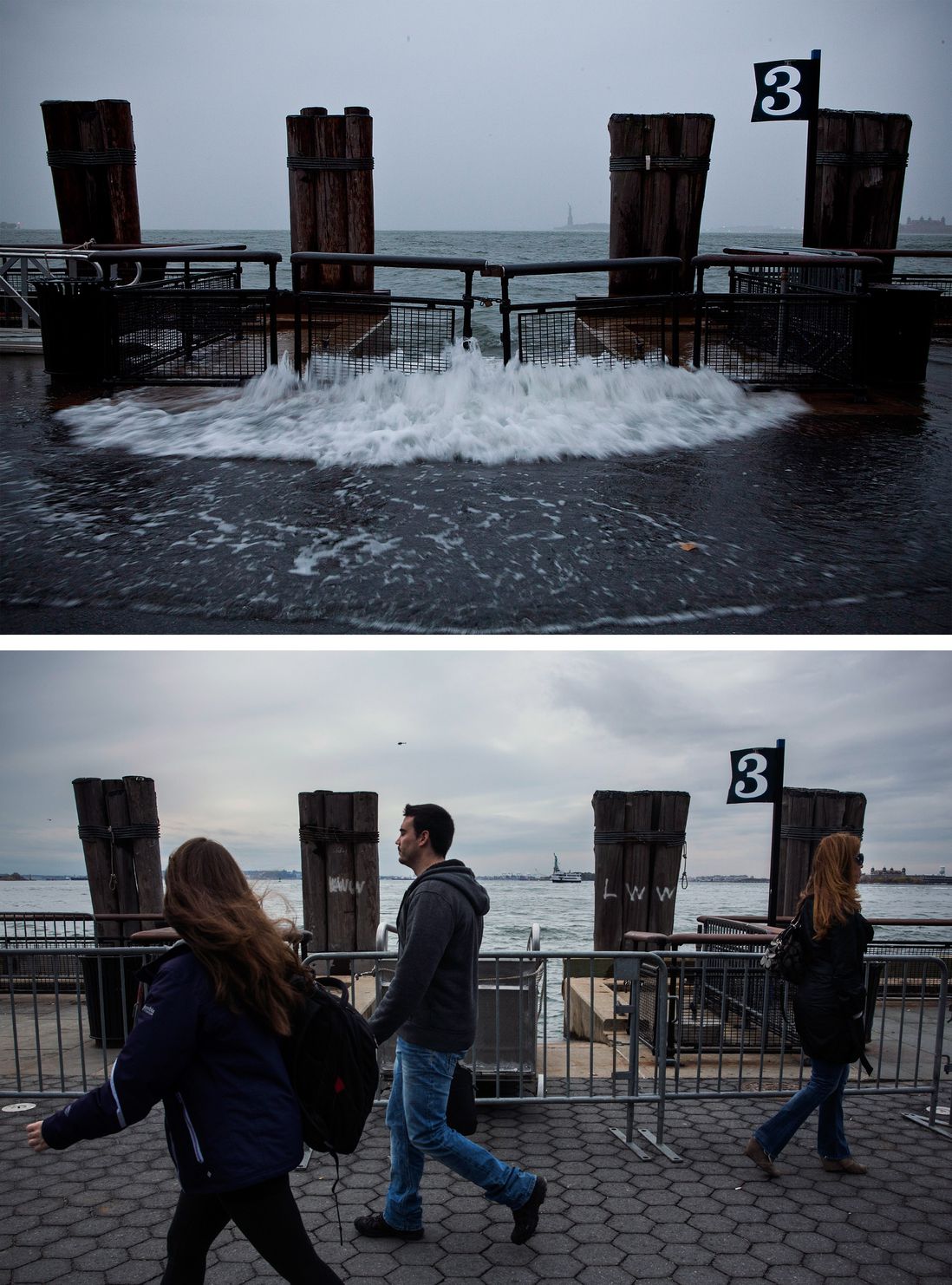 [Top] Rising water caused by Superstorm Sandy rushes onto the pathway at Battery Park on October 29, 2012 in New York City. [Bottom] Tourists walk along the pathway in Battery Park October 23, 2013.